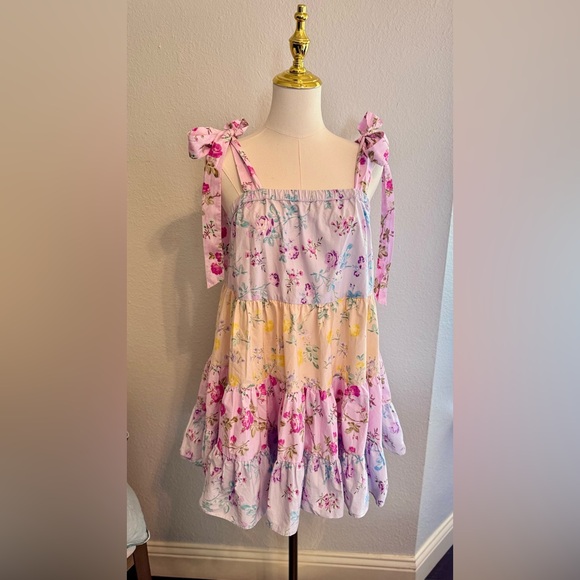 LOVESHACKFANCY Jeanne Pastel Floral Tiered Bow Strap Mini Dress 100% Cotton ~SM - Picture 7 of 16